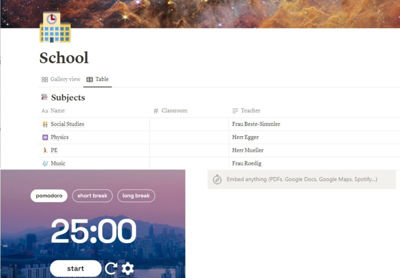 One of the best free Notion templates for students, Student Dashboard with pomodoro timer.
