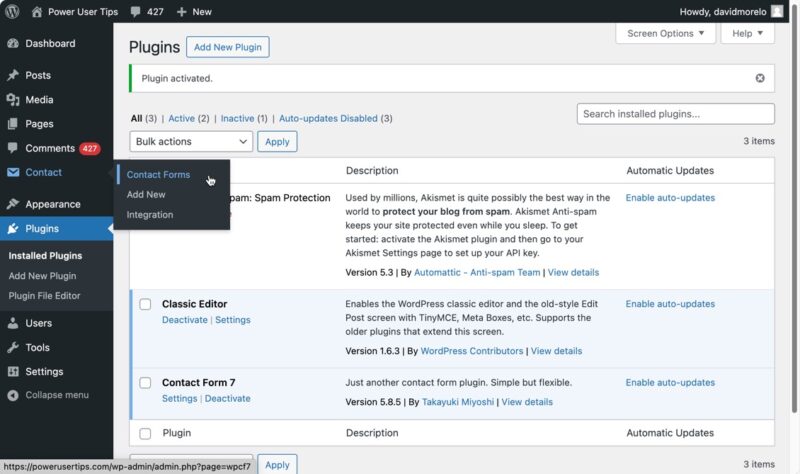 Contact Form 7 Contact Forms Menu Highlighted