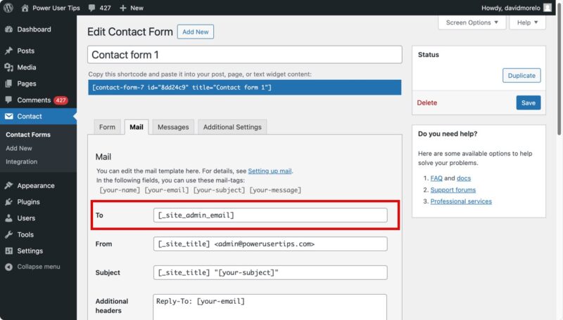Contact Form 7 Mail Tab Settings 