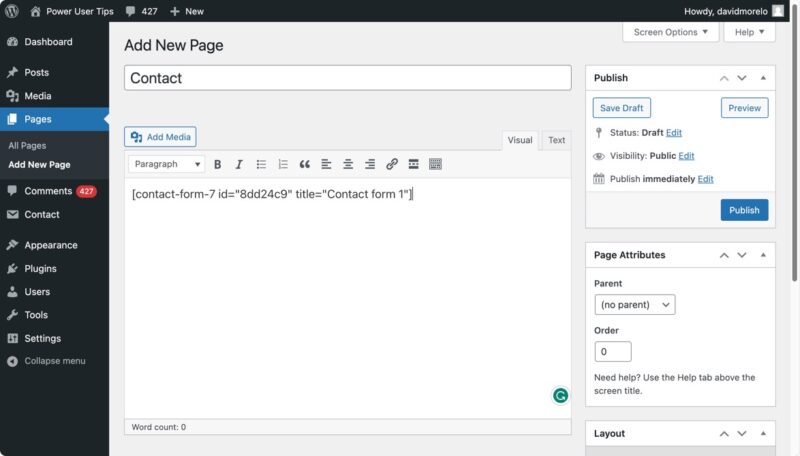 Contact Form Shortcode Pasted In A New Page