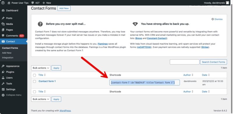 Default Contact Form Shortcode Highlighted