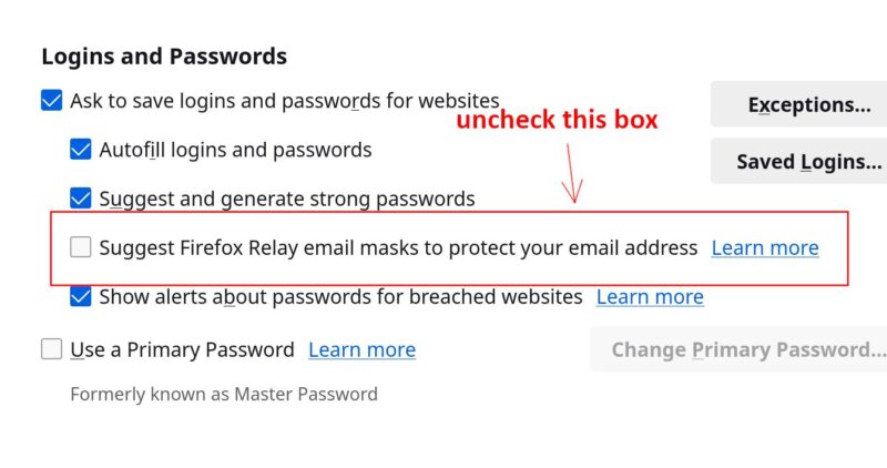 Disable Firefox Relay Popup