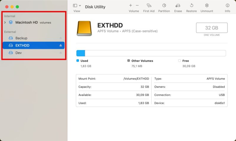 Disk Utility Showing A Selected Hard Drive