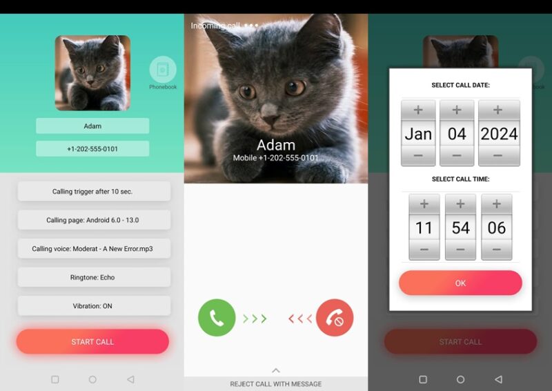 Fake Call - Calling Simulator app interface overview.