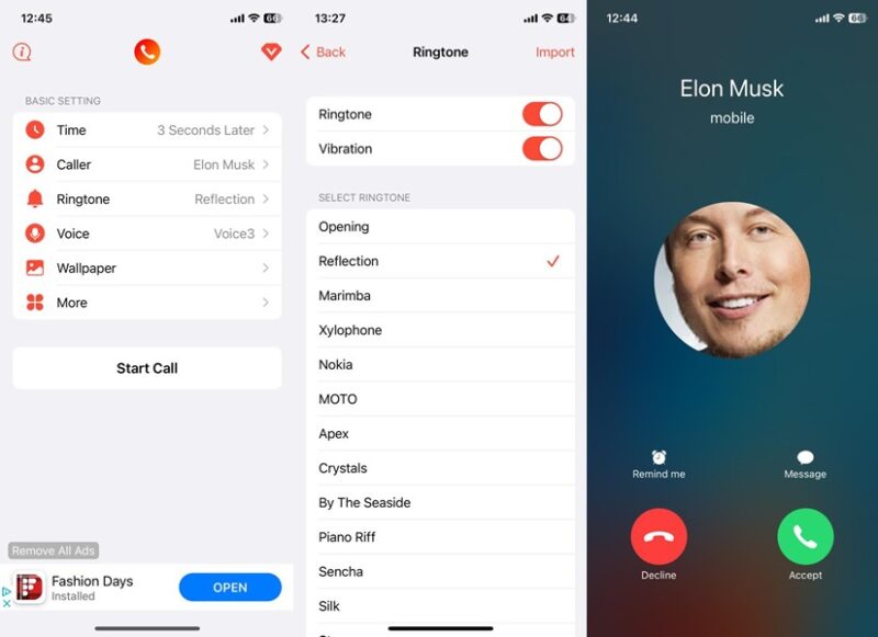 Fake Call - Prank Caller ID Apps interface overview.