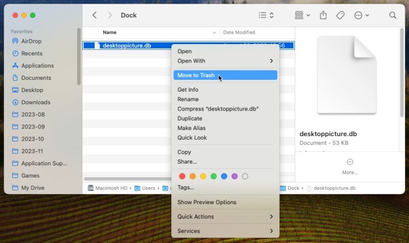 Finder Desktop Database File Move To Trash Highlighted