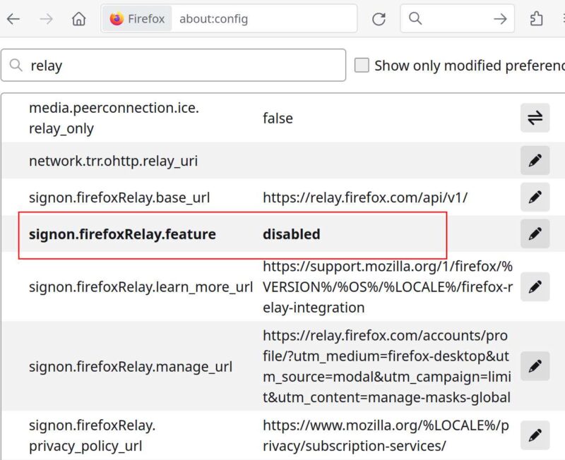 Firefox Relay About Config Option