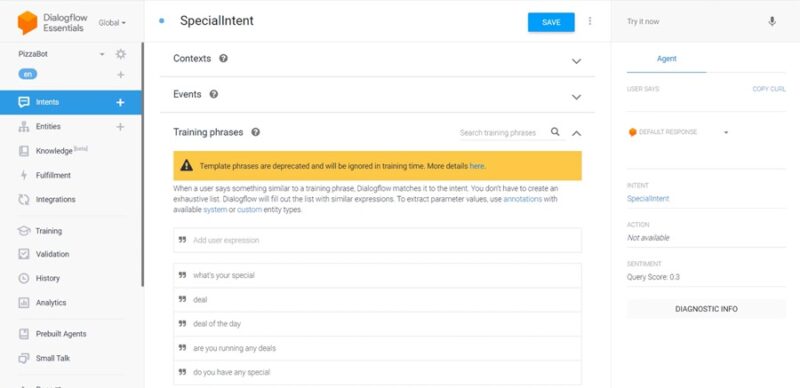 Training free AI chatbots in Dialogflow.
