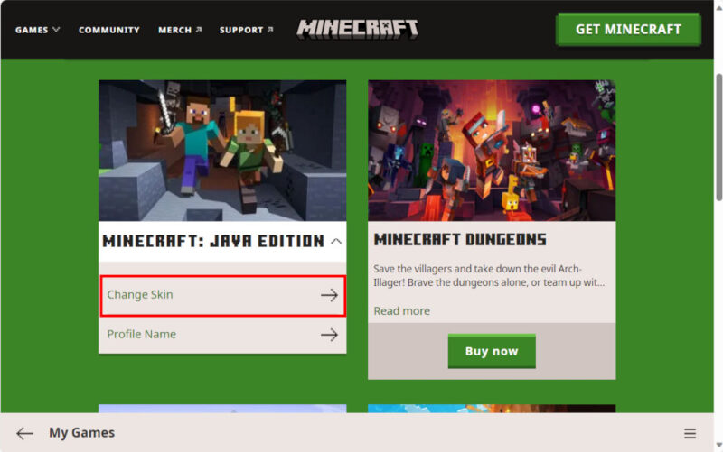 "Change Skin" link inside the Minecraft website.