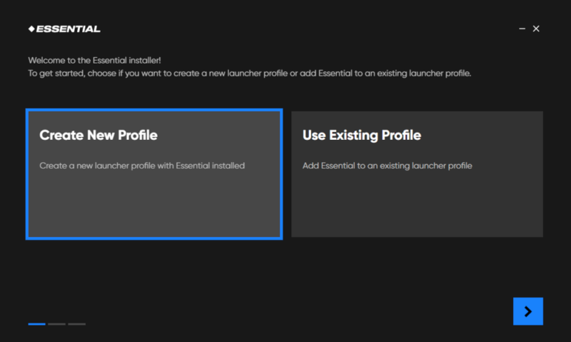 The "Create New Profile" button in the Essential mod installer.