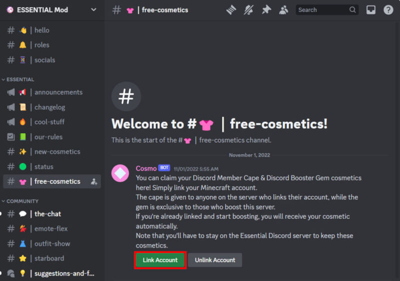 The "Link Account" button inside the Free Cosmetics channel.