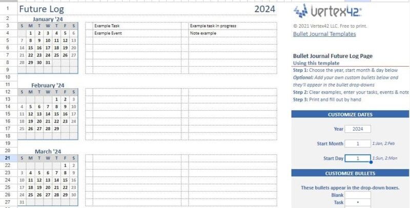 Bullet Journal Calendar, one of the best Google Sheets calendar templates for bullet planning.