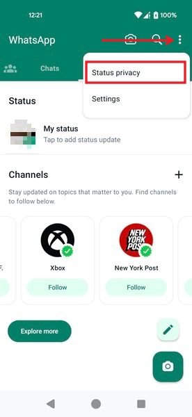 Tapping on "Status privacy" button in WhatsApp for Android.