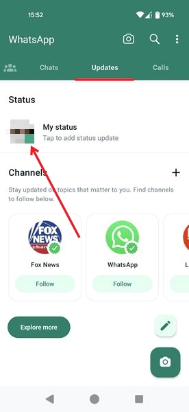 Tapping on My status option in WhatsApp for Android.