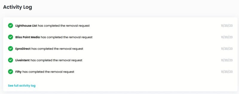 Activity Log view in Incogni. 
