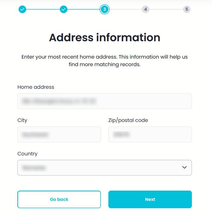 Filling out form with private data on Incogni website.