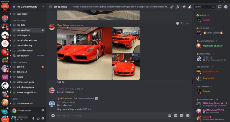 The Car Community server view on Discord.