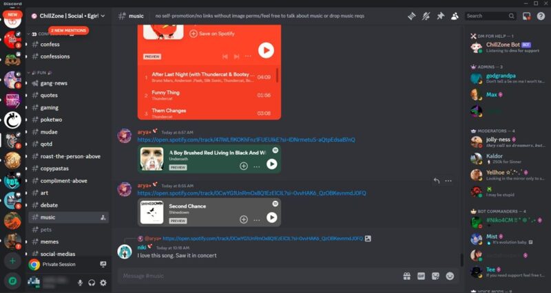 ChillZone server view on Discord.