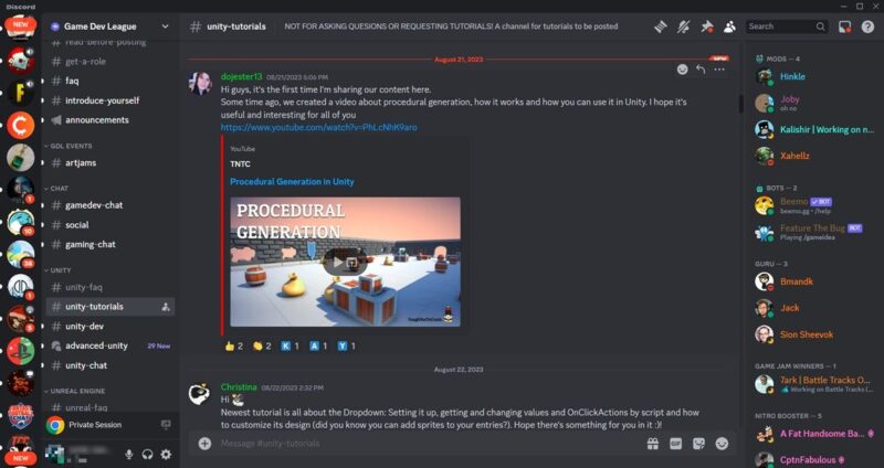 Game Dev League server view on Discord.