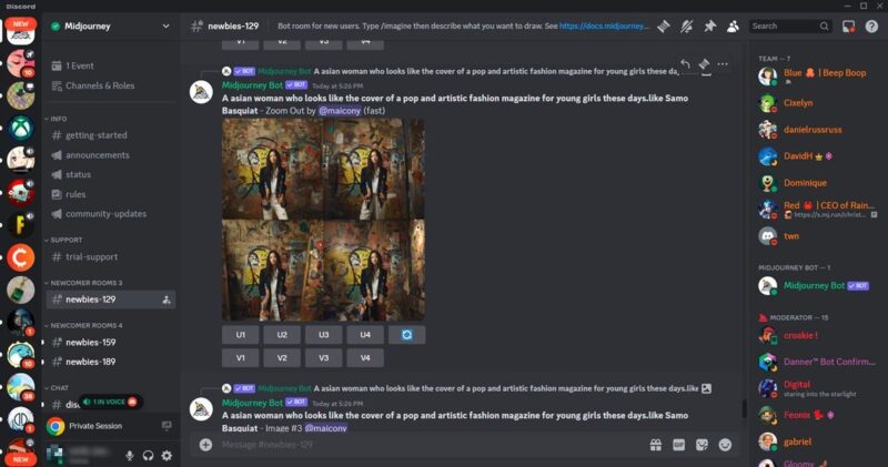 Midjourney server view on Discord.