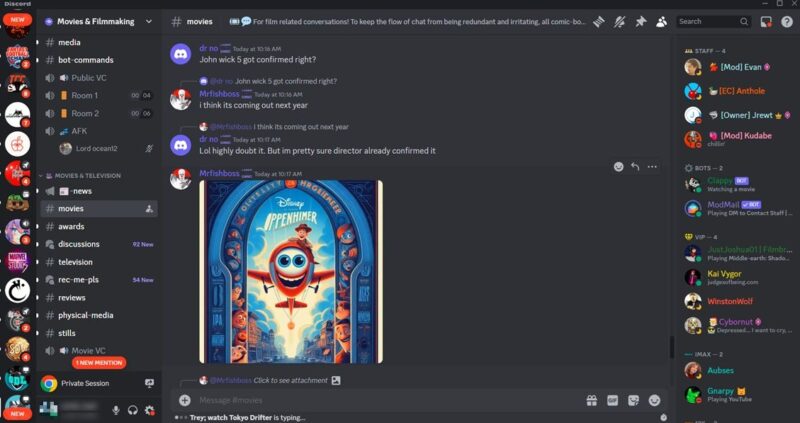 Movies & Filmmaking server view on Discord.