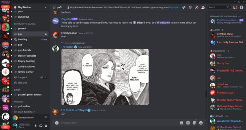 PlayStation server view on Discord.