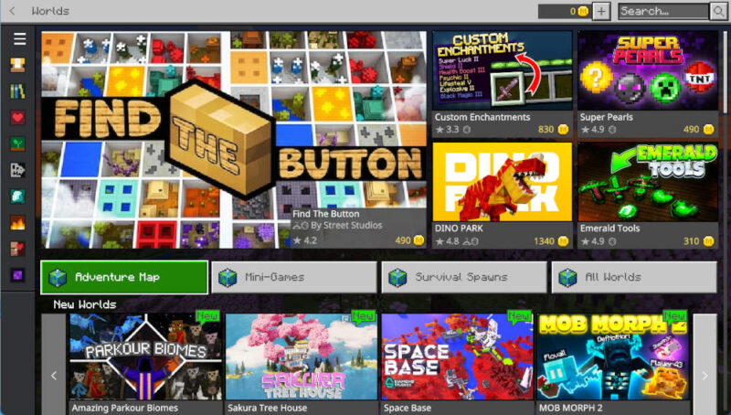 Marketplace page for pre-built worlds in Minecraft Bedrock Edition.