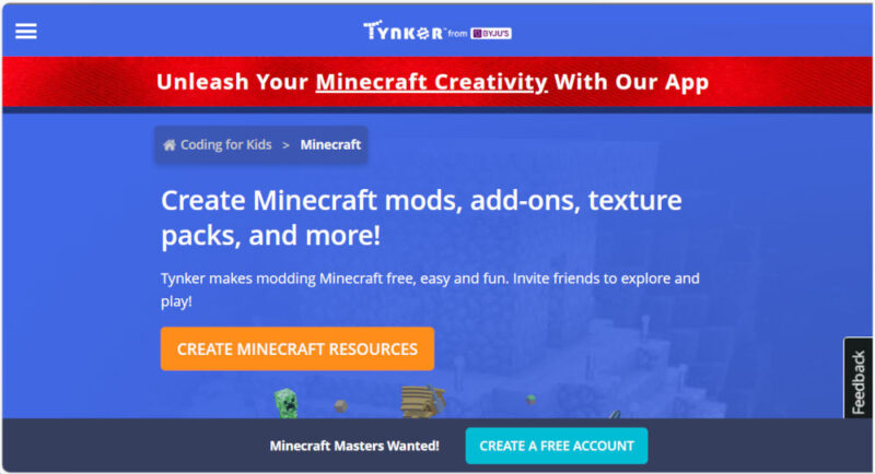 Tynker website for Minecraft modding.