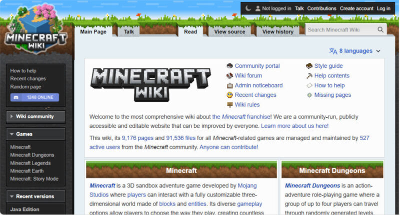 Minecraft wiki website.