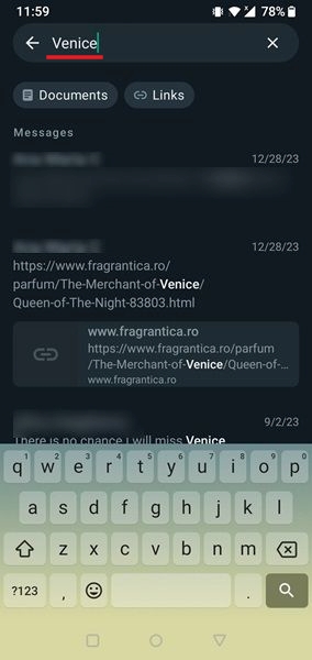 Typing keyword to search all chats in WhatsApp for Android.