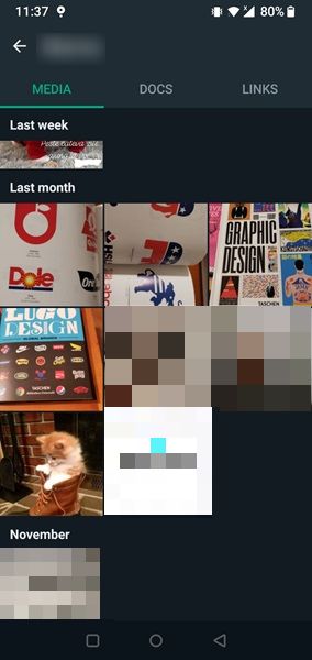 Browsing media shared via conversation in WhatsApp for Android.