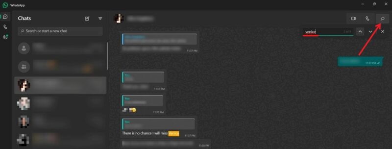 Searching using a keyword in conversation in WhatsApp on PC.