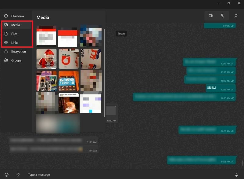 Clicking on Media to view all media shared in WhatsApp conversation on PC.
