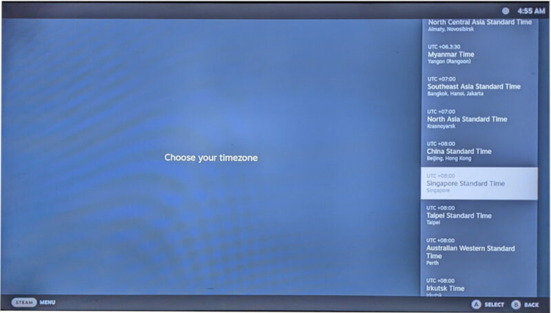 A screenshot showing the different timezones available for Chimera OS.