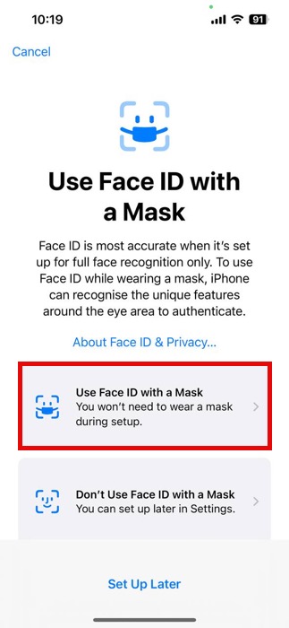 Use Face Id With A Mask Button Highlighted
