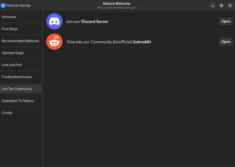 A screenshot of the Nobara Linux community support links.