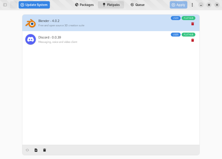 A screenshot of the Flatpak management page in Nobara's graphical package manager.