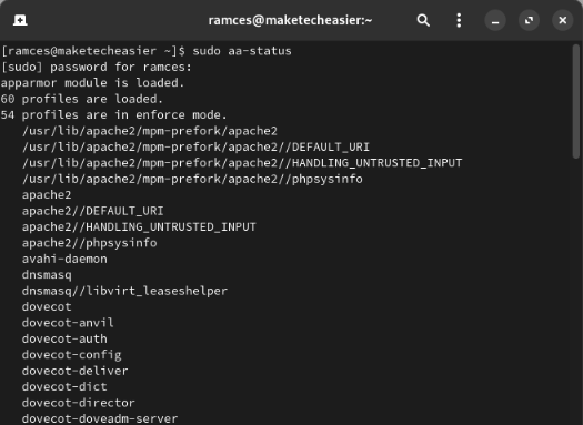 A terminal showing the current status of AppArmor in the Nobara Linux instance.