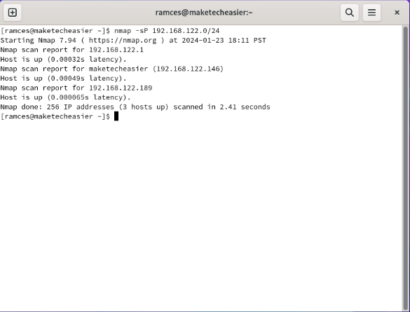 A terminal showing the nmap command scanning a subnet.