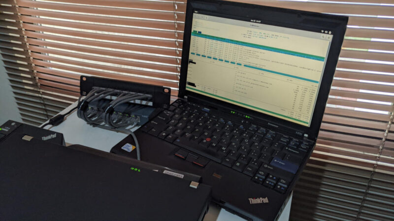 A photograph of a network console running Linux.