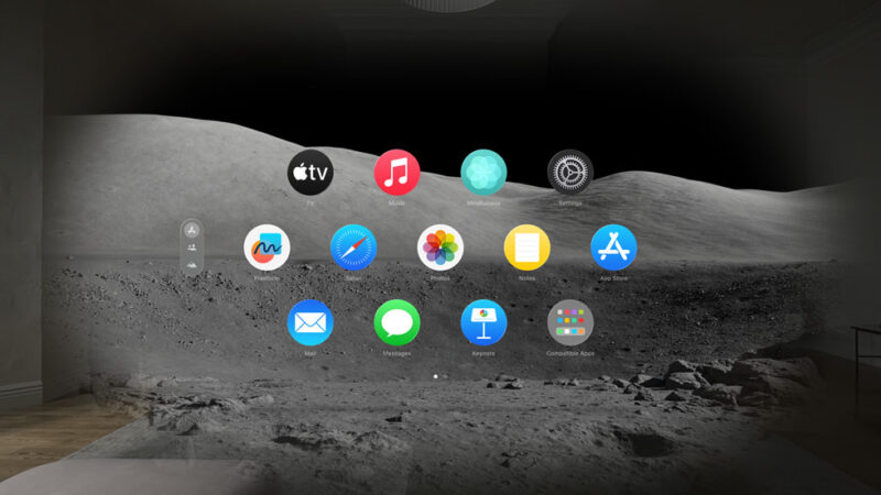 Apple Vision Pro home page with home apps like Music, App Store, and Photos. In the background is the moon.