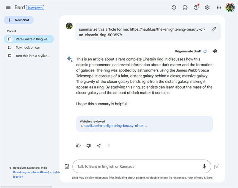 Bard Summarizing An Article using generative AI