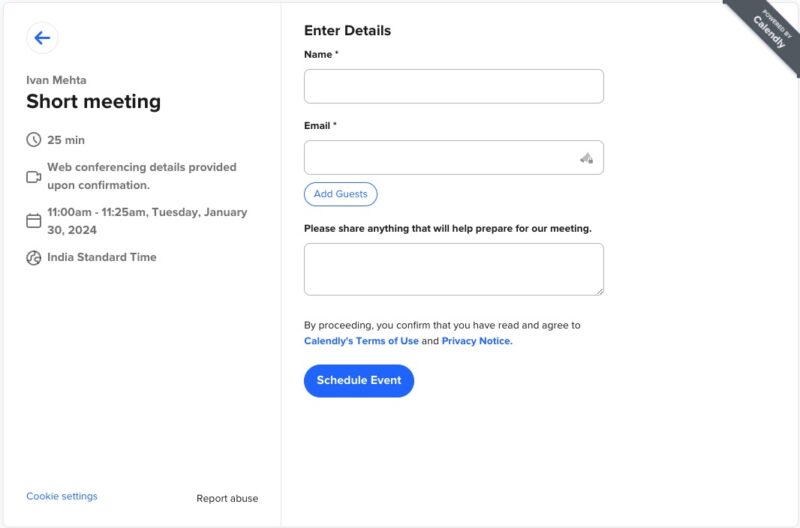 Calendly Final Booking Screen