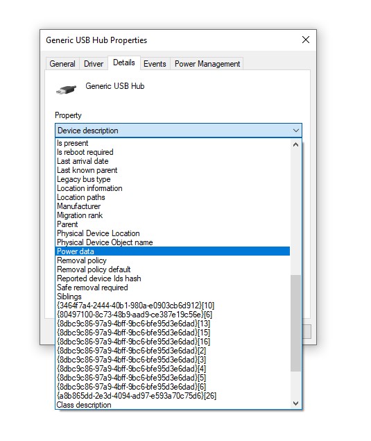 Device Manager Generic USB hub properties