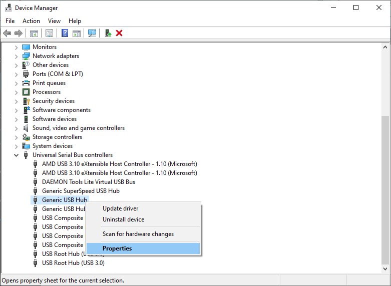 Device Manager USB hub properties
