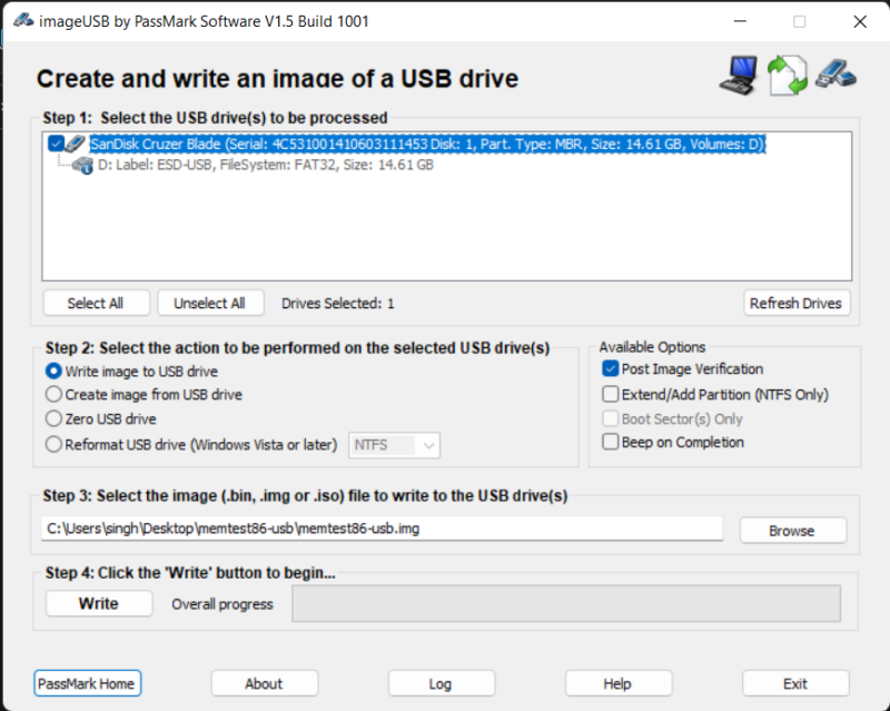 MemTest86 create bootable usb screenshot