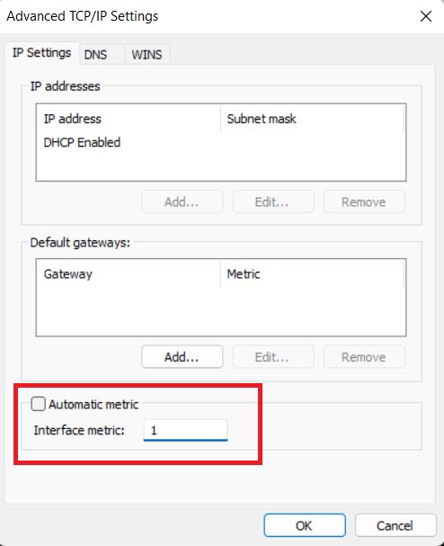 IPv4 properties automatic metric set priority