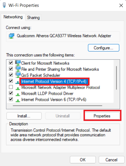 Wi-Fi properties IPv4 properties