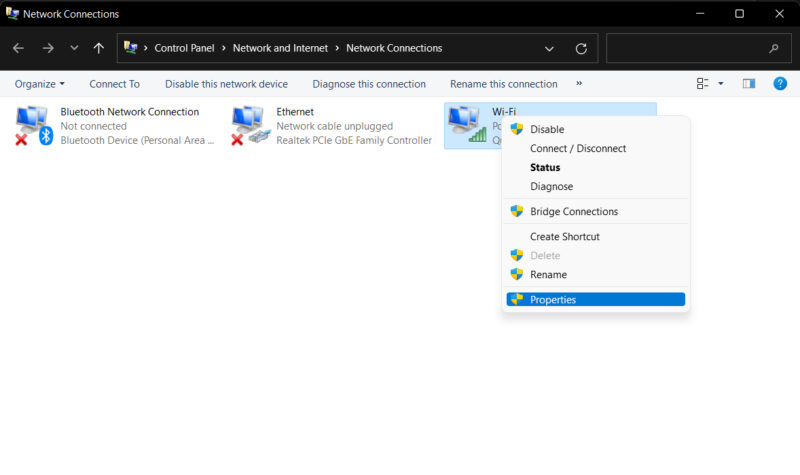 Windows Network connections Wi-Fi properties