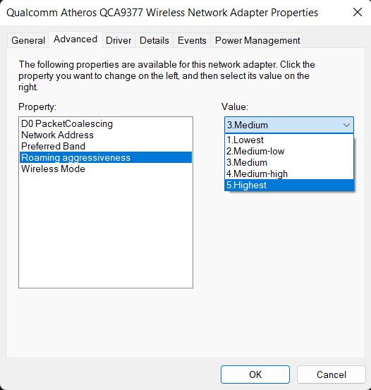 Network adapter set roaming aggressiveness